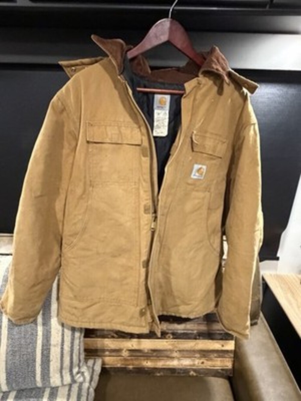 VTG Carhartt Hooded Zip Jacket Corduroy Collar Men's Sz 48 Made in USA